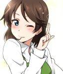  1girl blush brown_hair character_request green_eyes ikari_manatsu looking_at_viewer love_live!_school_idol_project short_hair smile solo wink 