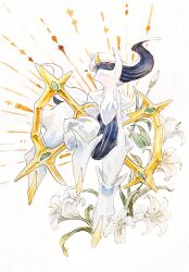  1332486839 arceus black_skin colored_skin commentary facing_to_the_side floating flower gold_trim highres light_rays looking_ahead multicolored_skin pokemon pokemon_(creature) pokemon_focus red_eyes turning_head two-tone_skin white_background white_flower white_hair white_skin 