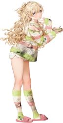  1girl blonde_hair burnt_clothes dessert dolphin_shorts food full_body grey_eyes hair_ornament hairclip hishimochi hood hooded_jacket hoshiakari_(c2_kikan) jacket kantai_collection long_hair looking_at_viewer minneapolis_(hinamatsuri)_(kancolle) minneapolis_(kancolle) mochi multicolored_jacket multicolored_socks official_alternate_costume official_art pink_nails pink_slippers pout shoes shorts slippers socks solo standing striped_clothes striped_socks third-party_source transparent_background two_side_up wavy_hair white_shoes 