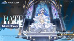  2girls bare_shoulders blue_eyes breasts candlelight date_a_live dress elbow_gloves gloves hair_between_eyes highres inverse_spirit_(date_a_live) long_hair medium_breasts multiple_girls official_art revealing_clothes riichi_city thigh-highs tobiichi_origami tobiichi_origami_(inverse) tobiichi_origami_(spirit) veil white_hair 