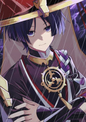  1boy absurdres armor black_bodysuit black_kimono black_sleeves blunt_ends bodysuit closed_mouth commentary_request crossed_arms eyeshadow fingernails genshin_impact gold gold_trim hand_on_own_arm hat highres iwoarazumi129 japanese_armor japanese_clothes jewelry jingasa juban kimono kote kurokote layered_sleeves looking_at_viewer makeup male_focus mandarin_collar mitsudomoe_(shape) neck_ring open_clothes open_kimono outdoors parted_bangs pink_eyeshadow portrait purple_hair purple_lightning purple_rope purple_sky purple_sleeves rain red_hat red_kimono rope scaramouche_(genshin_impact) shimenawa single_sode sky solo tassel tomoe_(symbol) tsurime veil violet_eyes white_kimono white_rope white_trim white_veil 