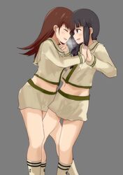  2girls black_hair brown_hair highres interlocked_fingers kaipankun kantai_collection kitakami_(kantai_collection) kneehighs multiple_girls ooi_(kantai_collection) school_uniform serafuku skirt yuri 