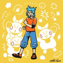  1boy :o aqua_hair arm_up arms_up blue_pants blush blush_stickers brawly_(pokemon) clenched_hands closed_eyes commentary english_commentary full_body highres jimping makuhita male_focus official_artist_extra open_mouth orange_shirt orange_shoes osare_graffiti pants pokemon pokemon_(creature) pokemon_rse shirt shoes short_hair short_sleeves signature smile spiky_hair teeth yellow_background 