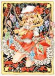  1girl ascot blonde_hair border finger_licking flandre_scarlet flower frills hat hat_ribbon kneeling licking looking_at_viewer mob_cap olmatown petals puffy_short_sleeves puffy_sleeves red_eyes ribbon rose short_hair short_sleeves side_ponytail skirt skirt_set solo touhou wings 