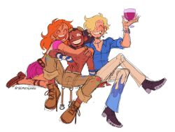  1girl 2boys ^_^ black_hair blonde_hair blue_shirt boots cigarette closed_eyes commentary crossed_legs cup curly_eyebrows dark-skinned_male dark_skin hair_over_one_eye highres holding holding_cup hug long_hair long_nose multiple_boys nami_(one_piece) one_piece open_mouth orange_hair sanji_(one_piece) shirt short_hair sitting smile themetalhiro topless_male twitter_username usopp wristband 