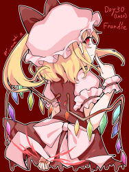  1girl alternate_name_spelling aomurasaki_r arm_behind_back back_bow blonde_hair blush bow character_name closed_mouth commentary crystal_wings fang flandre_scarlet frilled_cuffs frilled_wrist_cuffs frills from_behind hat hat_bow highres looking_back medium_hair mob_cap puffy_short_sleeves puffy_sleeves red_background red_bow red_eyes red_nails red_skirt red_vest shirt short_sleeves side_ponytail skirt sleeve_cuffs solo touhou twitter_username vest white_bow white_hat white_shirt wings wrist_cuffs 