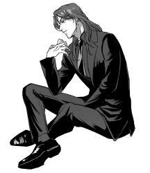  1boy between_legs commentary_request from_side full_body greyscale gyogyo_hjj hand_between_legs highres ichijou_seiya jacket kaiji korean_commentary male_focus medium_hair monochrome necktie pants shoes sitting solo suit 