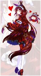  1girl ahoge animal_ears blunt_bangs blunt_ends blunt_sidelocks blush brown_headdress chibi closed_eyes closed_mouth commentary_request dress frilled_hairband frills hair_between_eyes hairband heart highres horse_ears horse_girl horse_tail jagaimobeniko layered_hair long_hair long_sleeves looking_at_viewer open_mouth red_desire_(umamusume) red_dress red_hair red_hairband red_headdress red_veil sidelocks smile star_ornament tail thigh-highs umamusume veil yellow_eyes zoom_layer 