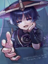  armor black_bodysuit black_hat black_kimono black_sleeves blunt_ends bodysuit breasts bright_pupils choppy_bangs commentary_request eyeliner fingernails genshin_impact gold gold_trim grey_veil gurumin_(gurruguru) hand_on_own_cheek hand_on_own_face hand_up hat japanese_armor japanese_clothes jewelry jingasa juban kimono kote kurokote layered_sleeves looking_at_viewer lower_teeth_only makeup male_focus mitsudomoe_(shape) neck_ring offering_hand open_clothes open_hand open_kimono open_mouth outstretched_arm portrait purple_rope purple_sleeves reaching reaching_towards_viewer red_eyeliner red_hat red_kimono rope scaramouche_(genshin_impact) see-through_clothes see-through_veil shimenawa short_sleeves solo teeth tomoe_(symbol) translation_request two-tone_hat veil violet_eyes watermark white_kimono white_pupils white_rope 