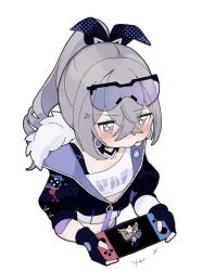  1girl anger_vein black_gloves black_jacket blush closed_mouth commentary_request cropped_torso defeat drill_hair drill_ponytail fingerless_gloves gloves goggles goggles_on_head grey_eyes hair_between_eyes handheld_game_console herta_(honkai:_star_rail) highres holding holding_handheld_game_console honkai:_star_rail honkai_(series) jacket long_hair nintendo_switch open_clothes open_jacket ponytail pout purple-tinted_eyewear sidelocks silver_wolf_(honkai:_star_rail) simple_background solo tank_top the_herta_(honkai:_star_rail) tinted_eyewear tukuti white_background white_tank_top 