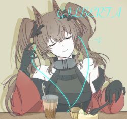  1girl absurdres adjusting_earphones angelina_(arknights) animal_ear_fluff animal_ears arknights arknights:_endfield bare_shoulders bendy_straw black_dress black_gloves bracelet breasts brown_hair bubble_tea cake character_name chinese_commentary closed_eyes coat commentary_request cupcake dot_nose dress drinking_straw earphones eighth_note elbow_gloves facing_viewer food food_request fox_ears fox_girl gilberta_(arknights) gloves headpiece high_collar highres holding holding_spoon infection_monitor_(arknights) jewelry large_breasts listening_to_music long_hair long_sleeves musical_note off_shoulder open_clothes open_coat plastic_spoon red_coat simple_background sleeveless sleeveless_dress smile spoon twintails upper_body xinjinjumin265889918668 yellow_background 