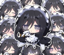  >_< 0_0 1girl :< @_@ apron black_eyes black_hair black_kimono blush chibi chibi_only chuugoku_usagi closed_eyes closed_mouth commentary double-parted_bangs frilled_apron frilled_kimono frills full_body hair_between_eyes heart heart-shaped_pupils highres holding holding_stuffed_toy japanese_clothes kimono long_hair long_hair_between_eyes long_sleeves maid maid_headdress milkpanda multiple_views nose_blush okobo open_mouth outline pantyhose platform_sandals sandals sleeves_past_fingers sleeves_past_wrists smile spiral-only_eyes standing standing_on_one_leg stuffed_animal stuffed_rabbit stuffed_toy symbol-shaped_pupils tears thick_eyebrows voicevox white_apron white_outline white_pantyhose wide_sleeves 