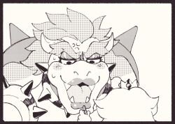  1boy 1girl anger_vein applying_another's_makeup applying_lipstick applying_makeup armlet blush bowser bracelet collar cosmetics crown eyelashes eyeshadow fangs girly_boy greyscale half-closed_eyes holding holding_lipstick_tube inkerton-kun jewelry lipstick lipstick_tube long_hair makeup male_focus mini_crown monochrome open_mouth princess princess_peach rouge_(makeup) solo_focus spiked_armlet spiked_bracelet spiked_collar spiked_shell spikes super_mario_bros. sweatdrop thick_eyebrows turtle_shell upper_body v-shaped_eyebrows 