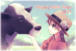 1girl 2021 asada_ryou blue_eyes braid brown_hat buttons chain-link_fence closed_mouth clouds commentary_request cow day fence flower grey_hair hair_ribbon happy_new_year hat hat_flower highres long_hair looking_at_animal original outdoors petting plaid_clothes plaid_shirt red_ribbon red_shirt ribbon shirt short_sleeves sky smile tree twin_braids white_flower 
