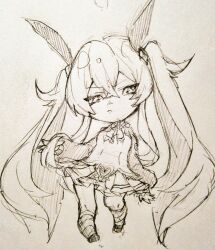  1girl breasts chaos_alice_(grimms_notes) chaos_alice_(original)_(grimms_notes) chibi chibi_only closed_mouth crossed_bangs full_body grimms_notes hair_between_eyes hand_up long_hair long_sleeves looking_at_viewer monochrome puffy_long_sleeves puffy_sleeves shino_(5no) shoes sketch skirt socks solo striped_clothes striped_socks traditional_media twintails v-shaped_eyebrows very_long_hair 