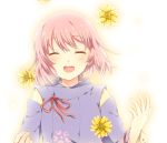  1girl blush closed_eyes facing_viewer flower open_mouth pink_hair short_hair simple_background smile solo touon white_background 