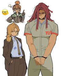  1boy 2girls :d alternate_universe bare_arms belt bespectacled black-framed_eyewear black_belt blue_shirt breasts brown_eyes brown_gloves brown_hair brown_jacket brown_necktie brown_pants center-flap_bangs closed_mouth collarbone collared_shirt commentary cookie_run cookie_run:_ovenbreak cowboy_shot croissant_cookie croissant_cookie_(director_of_the_tbd) cropped_torso cuffs curtained_hair dark-skinned_female dark-skinned_male dark_skin dot_nose double-parted_bangs dreadlocks drill_hair dual_persona eyes_visible_through_hair frown glasses gloves grey_jumpsuit hair_between_eyes hair_bun handcuffs hands_in_pockets highres humanization index_finger_raised jacket jumpsuit light_bulb long_hair long_sleeves looking_at_viewer low_side_ponytail multiple_girls muscular muscular_male necktie nerd_emoji official_alternate_hair_length official_alternate_hairstyle ohta_guk_hip open_clothes open_jacket open_mouth own_hands_together pants red_hair red_trim scar scar_on_arm scar_on_cheek scar_on_face shaded_face shirt shirt_tucked_in short_hair short_sleeves side_drill side_ponytail sidelocks simple_background single_hair_bun size_difference small_breasts smile square-end_necktie standing string_gummy_cookie teeth thick_eyebrows thick_thighs thighs tsurime upper_teeth_only v-shaped_eyebrows v_arms violet_eyes white_background 