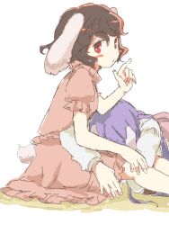  2girls :/ animal_ears black_hair blush_stickers closed_mouth dot_nose finger_to_mouth floppy_ears frilled_skirt frilled_sleeves frills from_side hand_up hiramei inaba_tewi index_finger_raised jaggy_lines lap_pillow long_hair long_sleeves looking_at_viewer looking_to_the_side multiple_girls oekaki puffy_short_sleeves puffy_sleeves purple_hair rabbit_ears rabbit_tail red_eyes reisen_udongein_inaba short_hair short_sleeves shushing sitting skirt skirt_set sleeping tail tegaki touhou white_background 