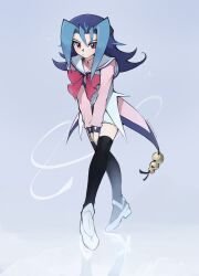  1girl absurdres ballet_slippers between_legs black_leggings blue_hair bow bowtie coattails colored_bangs full_body grey_background hand_between_legs hand_on_own_knee hand_on_own_thigh highres kamishiro_rio leggings looking_to_the_side nuumigranate parted_bangs pink_bow pink_bowtie pink_shirt red_hair reflective_floor ribbon sailor_collar shirt shoes spiky_hair tailcoat tiptoes white_background white_ribbon white_sailor_collar white_shoes yu-gi-oh! yu-gi-oh!_zexal 