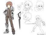  1boy bust character_sheet closed_eyes copyright_name frown hand_on_hip laughing open_mouth pixiv_fantasia pixiv_fantasia_5 short_hair simple_background sky_(freedom) smile sword weapon white_background 