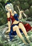  1girl adapted_costume bare_shoulders blue_eyes breasts cleavage dacho feet_in_water hat long_hair navel open_mouth silver_hair sitting soaking_feet solo touhou very_long_hair water yagokoro_eirin 