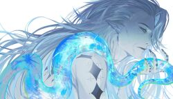  1girl arknights commentary english_commentary finger_tattoo from_side green_eyes grey_hair hand_up highres long_hair looking_at_viewer mantra_(arknights) old old_woman pointy_ears s11puha shoulder_tattoo simple_background snake solo tattoo upper_body white_background 