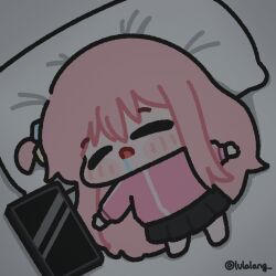  1girl black_skirt bocchi_the_rock! cellphone chibi chibi_only closed_eyes drooling full_body gotoh_hitori head_on_pillow highres jacket long_hair lulalang lying on_back one_side_up open_mouth phone pillow pink_hair pink_jacket skirt sleeping smartphone solo twitter_username 