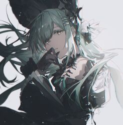  1girl animal_ear_hairband animal_ears arknights ave_mujica_(bang_dream!) bang_dream! bang_dream!_it's_mygo!!!!! beret black_bonnet black_dress black_gloves bonnet breastless_clothes breasts brown_eyes cheonyeon-hi choker clenched_hand closed_mouth colored_eyelashes dress fake_animal_ears floating_hair frilled_choker frilled_dress frilled_hair_tie frilled_hairband frilled_hat frilled_shirt_collar frilled_sleeves frills from_side gloves green_hair green_ribbon grin hair_ornament hair_spread_out hairband hairclip hand_on_own_cheek hand_on_own_chin hand_on_own_face hat highres long_hair long_sleeves looking_to_the_side mygo!!!!!_(bang_dream!) open_mouth profile rabbit_ear_hairband rabbit_ears ribbon shadow simple_background small_breasts smile solo thinking upper_body wakaba_mutsumi white_background x_hair_ornament yellow_eyes 