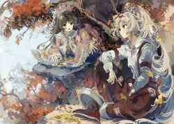  2girls autumn autumn_leaves boots bow bowtie brown_hair closed_mouth collared_shirt commentary dated_commentary frilled_sleeves frills fujiwara_no_mokou ginkgo_leaf grey_hair hair_bow highres houraisan_kaguya leaf long_hair long_sleeves multiple_girls ofuda ofuda_on_clothes open_mouth outdoors pants pink_shirt red_boots red_eyes red_pants sesmkun shirt sitting smile suspenders touhou very_long_hair white_bow white_bowtie white_shirt wide_sleeves 