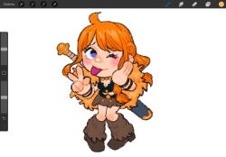  1girl ;p art_program_in_frame blush bracelet brown_skirt chibi fur_leg_warmers hashtag-only_commentary highres jewelry leg_warmers long_hair looking_to_the_side mimscosara nami_(one_piece) one_eye_closed one_piece orange_hair skirt smile solo sword sword_on_back tongue tongue_out v weapon weapon_on_back 