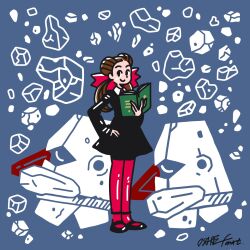  1girl black_dress blue_background blush blush_stickers book brown_hair closed_mouth commentary dress english_commentary full_body hair_ribbon hand_on_own_hip highres holding holding_book long_hair looking_at_viewer nosepass official_artist_extra open_book osare_graffiti pantyhose pokemon pokemon_(creature) pokemon_rse red_pantyhose red_ribbon ribbon rock roxanne_(pokemon) signature smile twintails 