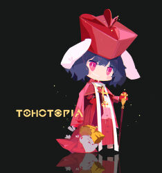  1girl absurdres alternate_costume animal_ears black_background black_hair blush cane coat copyright_name cross full_body gloves grin hand_on_own_hip hat highres holding holding_cane inaba_tewi looking_at_viewer medium_hair official_art open_clothes open_coat pink_eyes rabbit rabbit_ears rabbit_girl red_coat red_gloves red_hat smile solo tohotopia touhou wanzilala16 