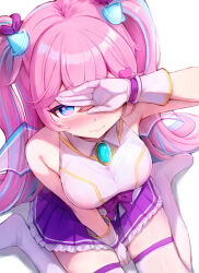  1girl angelic_buster between_legs blue_eyes blue_gem blue_streaks blush bow brooch closed_mouth covering_face double-parted_bangs embarrassed frilled_skirt frills from_above full_body gem gloves hair_bow hair_ornament hand_between_legs heart heart_hair_ornament heart_in_eye highres hitsuki_(hitsuki_fundraw) horns jewelry long_hair looking_at_viewer maplestory multicolored_hair pink_hair pleated_skirt purple_bow purple_skirt shirt simple_background sitting skirt sleeveless sleeveless_shirt solo streaked_hair symbol_in_eye thigh-highs transparent_wings two_side_up wariza white_background white_gloves white_shirt white_thighhighs wings 
