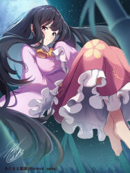  1girl black_hair bow bowtie breasts closed_mouth commentary_request frilled_skirt frilled_sleeves frills full_moon highres houraisan_kaguya long_hair long_skirt long_sleeves looking_at_viewer medium_breasts moon night niko_kusa petal_print pink_eyes pink_shirt print_skirt shirt signature skirt sky smile solo star_(sky) touhou very_long_hair wide_sleeves yellow_bow yellow_bowtie 