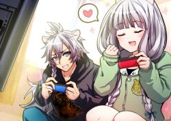  1boy 1girl :d alternate_costume animal_ears atla_fayon black_hair black_hoodie blue_eyes blue_pants blunt_bangs blush braid brother_and_sister casual closed_eyes commentary commission controller day dutch_angle english_commentary facing_ahead fohl_fayon_(tate_no_yuusha_no_nariagari) game_controller green_hoodie hair_between_eyes heart highres holding holding_controller holding_game_controller honchu hood hood_down hoodie indian_style indoors long_hair long_sleeves looking_at_another messy_hair multicolored_hair nintendo_switch open_mouth pants second-party_source siblings sitting sleeves_past_wrists smile speech_bubble spoken_heart tate_no_yuusha_no_nariagari tiger tiger_boy tiger_ears tiger_girl twin_braids two-tone_hair upper_body white_hair white_tiger 