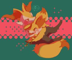  1girl blush braixen closed_mouth evolutionary_line fennekin flying_sweatdrops full_body furry furry_female hinekure holding holding_pokemon holding_stick musical_note open_mouth orange_eyes pokemon pokemon_(creature) sparkle spoken_flying_sweatdrops spoken_musical_note stick 