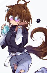  ! 1girl agnes_tachyon_(umamusume) animal_ears black_shirt chiyakobu collared_shirt commentary_request denim drink hair_between_eyes hand_in_own_hair highres holding holding_drink horse_ears horse_girl horse_tail jeans layered_sleeves long_sleeves pants purple-tinted_eyewear round_eyewear shirt short_hair short_over_long_sleeves short_sleeves solo sunglasses tail tinted_eyewear torn_clothes torn_jeans torn_pants umamusume white_shirt wolf_cut 