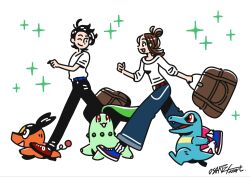  1boy 1girl :3 belt black_hair black_pants blue_belt blue_pants blue_shoes bright_pupils brown_hair chikorita closed_mouth commentary hair_bun harmony_(pokemon) highres long_sleeves medium_hair missing_headwear no_jacket official_artist_extra one_eye_closed open_mouth osare_graffiti pants paxton_(pokemon) pokemon pokemon_(creature) pokemon_legends:_z-a red_belt red_eyes red_shoes sharp_teeth shirt shoes short_hair signature single_hair_bun smile socks sparkle starter_pokemon_trio teeth tepig totodile untranslatable_commentary walking white_background white_pupils white_shirt white_socks 