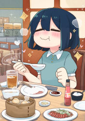  1girl =_= bamboo_steamer black_hair blunt_ends blurry blush bob_cut bottle center-flap_bangs chair chewing chinese_spoon chopsticks clenched_hand closed_eyes closed_mouth cup depth_of_field double-parted_bangs drink drinking_glass dumpling eating empty_plate food hands_up happy holding holding_spoon indoors mamezara meal napkin no_nose on_chair original plate puffy_short_sleeves puffy_sleeves restaurant romaji_text short_hair short_sleeves sliding_doors smile solo soy_sauce sparkle speech_bubble spoon steam table wavy_mouth wing_collar wooden_chair wooden_table xiaolongbao yomoi_nui 