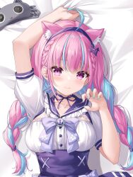  1girl ahoge anchor_hair_ornament anchor_ornament anchor_symbol animal_ears aqua_hair aqua_nails arm_up artist_request bed_sheet blue_bow blue_hairband blue_ribbon blue_sailor_collar blue_skirt blush bow braid breasts cat_ears cat_girl claw_pose closed_mouth commentary_request dakimakura_(medium) extra_ears fingernails frilled_sailor_collar frills hair_ornament hair_tie hairband high-waist_skirt highres hololive large_breasts long_hair looking_at_viewer lying minato_aqua minato_aqua_(sailor) multicolored_hair nail_polish neck_ribbon neko_(minato_aqua) on_back pink_eyes pink_hair ribbon sailor_collar second-party_source sheet_grab shirt short_sleeves skirt smile solo streaked_hair twin_braids twintails two-tone_hair virtual_youtuber white_shirt 