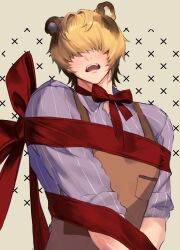  1boy animal_ear_fluff animal_ears blanc_(heartopia) blonde_hair blush bow brown_hair commentary_request fangs hair_over_eyes heartopia highres konbuchansan male_focus multicolored_hair open_mouth red_bow solo tiger_boy tiger_ears two-tone_hair 