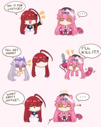  >_< ... 3girls :3 :d ahoge animal_ears beret commentary elizabeth_rose_bloodflame elizabeth_rose_bloodflame_(1st_costume) english_commentary fang fire goggles goggles_on_head hair_intakes hair_ornament hairband halo hat highres hololive hololive_english jacket knife koseki_bijou long_hair multicolored_hair multiple_girls open_mouth panther_ears panther_girl panther_tail pink_hair purple_hair raora_panthera raora_panthera_(1st_costume) red_eyes red_hair sappysque smile sparkle spoken_ellipsis streaked_hair tail thumbs_up violet_eyes virtual_youtuber white_hair xd yellow_eyes 