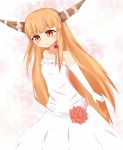  1girl alternate_costume bare_shoulders blush bride choker collarbone dress dutch_angle elbow_gloves flower gloves gradient gradient_background horn_ornament ibuki_suika long_hair looking_at_viewer oni_tofu orange_eyes orange_hair red_rose rose simple_background smile solo strapless_dress touhou very_long_hair wedding_dress 