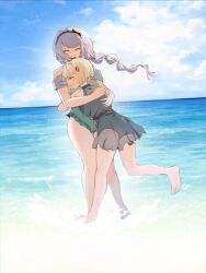  2girls :d ^_^ absurdres anaizzzen barefoot beach black_hairband blonde_hair braid closed_eyes gem gem_hair_ornament grey_hair hairband highres horizon kirifuji_nozomi long_hair multiple_girls oosuzuki_kurara red_gem short_hair smile swimsuit teeth the_hundred_line_-last_defense_academy- upper_teeth_only water 