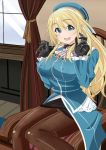  1girl atago_(kantai_collection) black_gloves blonde_hair blush breasts brown_legwear chair gloves green_eyes hat highres itorisako kantai_collection large_breasts long_hair military military_uniform open_mouth panties panties_under_pantyhose pantyhose personification sitting smile solo underwear uniform window 