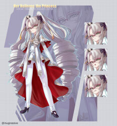  1girl absurdres ankle_cuffs ass_visible_through_thighs asymmetrical_bangs black_bow black_shoes bow closed_mouth commentary_request crown dress drill_hair drill_sidelocks english_text full_body furrowed_brow gloves goddess_of_victory:_nikke green_eyes grey_background grey_hair grid_background hair_bow highres inugressive long_hair long_sidelocks long_sleeves looking_at_viewer mini_crown multiple_expressions open_mouth over-rim_eyewear pantyhose parted_lips princess_(nikke) raised_eyebrows red-framed_eyewear red_robe robe semi-rimless_eyewear shoes sidelocks standing twin_drills twintails twitter_username two-sided_robe very_long_hair white_dress white_gloves white_pantyhose white_robe zoom_layer 