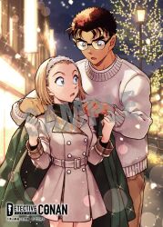  1boy 1girl bandaid belt belt_buckle black-framed_eyewear black_hair black_shirt brown_coat brown_hair brown_pants buckle buttons coat copyright_logo copyright_notice couple cowboy_shot double-breasted eye_contact glasses glint green_eyes green_jacket hairband holding holding_unworn_clothes jacket kyougoku_makoto light_particles logo long_sleeves looking_at_another meitantei_conan meitantei_conan_card_game night official_art open_mouth outdoors pants sample_watermark shirt short_hair standing suzuki_sonoko sweater watermark white_hairband white_sweater winter 