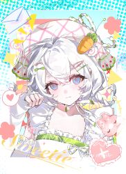  1girl :3 blue_eyes bow braid carrot carrot_hair_ornament commission crossed_bangs dengxin_xiao_rong eyelashes food food-themed_hair_ornament frills fruit green_bow hair_between_eyes hair_bow hair_ornament hairclip hairpin highres letter long_hair looking_at_viewer mihuashi_commission original pink_bow short_eyebrows sidelocks smile solo upper_body white_hair 