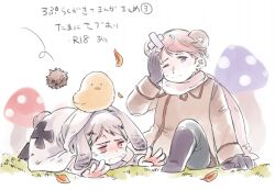  2boys aged_down animal_ears animal_on_head arrow_(symbol) autumn_leaves axis_powers_hetalia baby_animal beak bear_ears bird bird_on_head bird_wings black_boots black_gloves blonde_hair boots brown_coat cape chick child closed_mouth coat collared_coat cross cross_print empty_eyes feathered_wings full_body gilbird gloves goro_nyanko grass green_pants grey_hair half-closed_eyes hand_on_own_head hand_up hood hooded_cape kemonomimi_mode leaf long_sleeves looking_afar looking_at_viewer lying male_focus multiple_boys mushroom on_head on_stomach one_eye_closed open_mouth pants pet prussia_(hetalia) rabbit_ears rabbit_tail red_eyes robe russia_(hetalia) scarf short_hair simple_background sitting sweat tail violet_eyes white_background white_cape white_robe white_scarf wings 