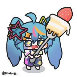  +_+ 1girl ahoge blue_eyes blue_hair blue_overalls cake cake_slice chibi chibi_only drooling food fork fruit full_body hair_ornament hatsune_miku highres holding holding_fork long_hair lulalang mouth_drool open_mouth overalls paint_on_clothes shirt simple_background solo star_(symbol) star_hair_ornament strawberry twintails twitter_username vocaloid white_background white_shirt 